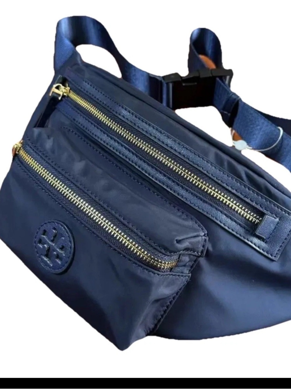 Tory Burch Navy Nylon Belt Bag with Gold Zippers
